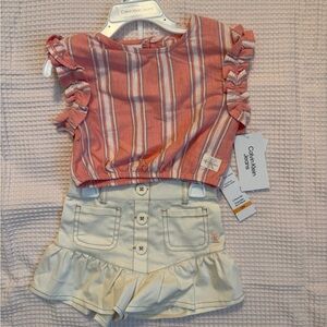 Calvin Klein Peach Striped Top and Cream Ruffle Shorts